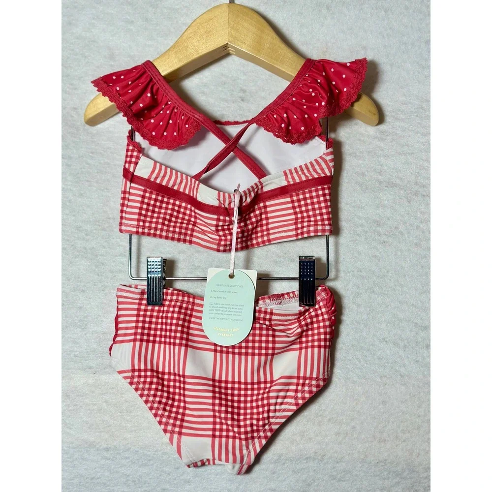 SweetHoney Girls Red White Plaid Polka Dot 2 Piece Swimsuit Bikini 3T NWT